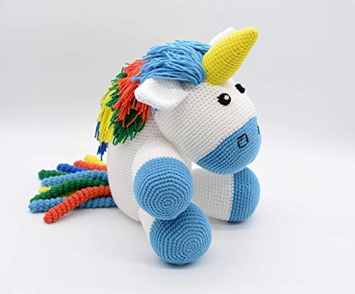 Giocattolo unicorno, amigurumi blu, regalo farcito, peluche arcobaleno per bambini